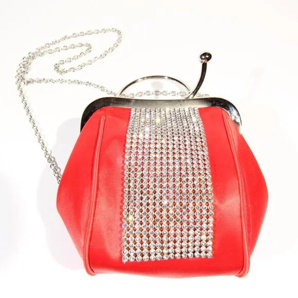 Red Evening Clutch with a Rhinestone Stripe and a Silver-Tone Metal Handle - Picture 8 of 9